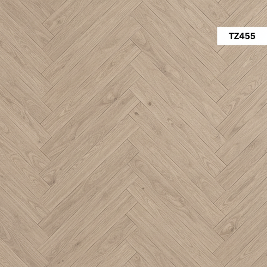 Light oak herringbone flooring brightening a living space