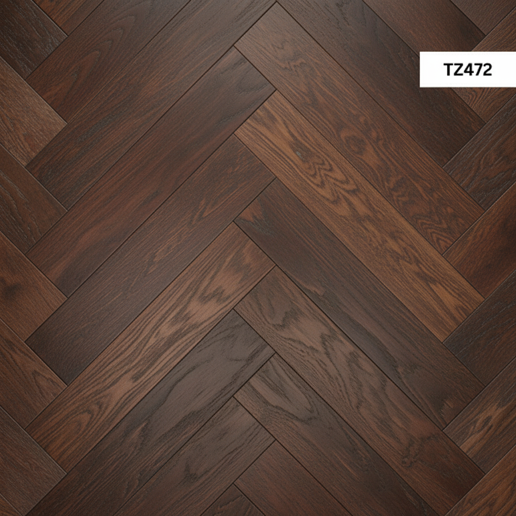 Herringbone parquet enhancing room width and depth
