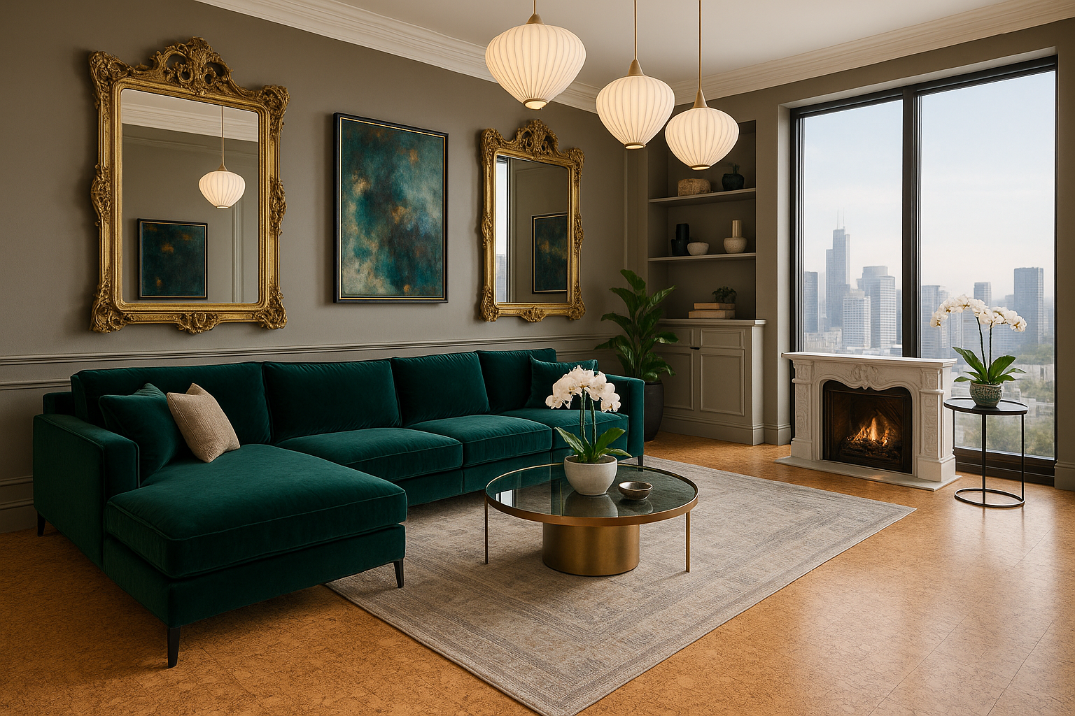 Designer London interior with matte oak flooring and contemporary furniture